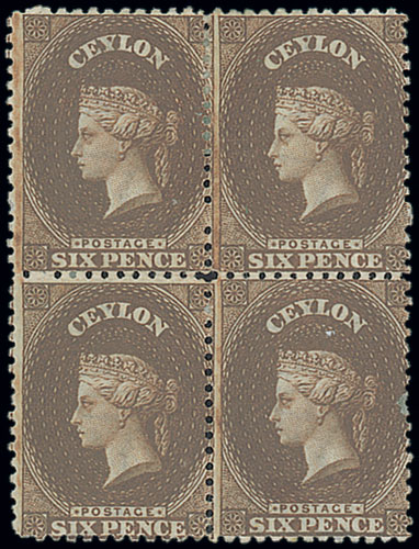 Ceylon 1867-70 Watermark Crown CC 6d. red-brown block of four, large part original gum; lower