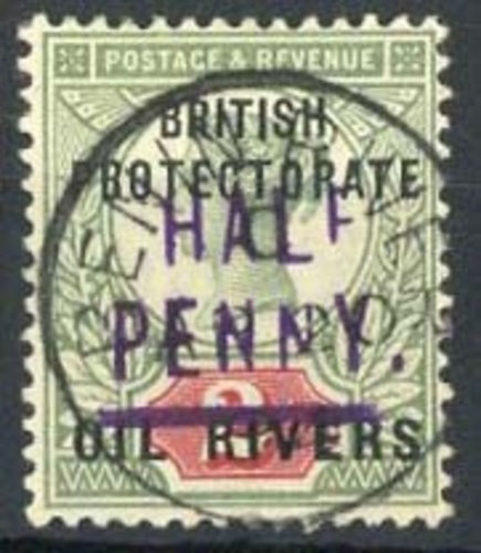 Niger Coast 1893 (Dec.) Old Calabar Provisionals Type 3 ½d. in violet on 2d. grey-green and