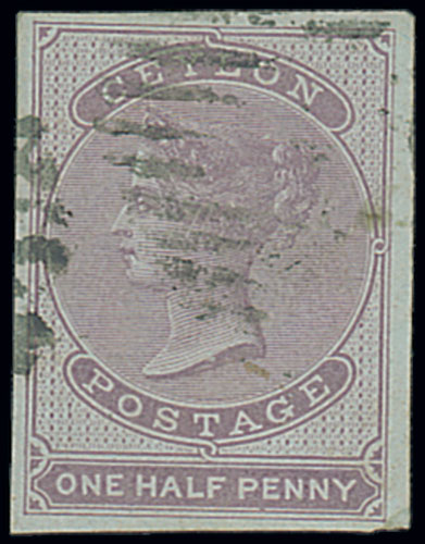 Ceylon 1857-64 No Watermark, Imperforate ½d. reddish lilac on blued paper, good to large margins,