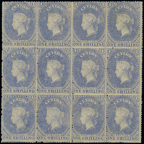 Ceylon 1861-64 Watermark Star Rough Perforations 1/- slate-violet block of twelve (4x3), large