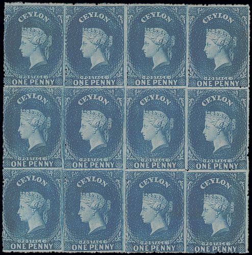 Ceylon 1861-64 Watermark Star Rough Perforations 1d. dull blue block of twelve (4x3) with one