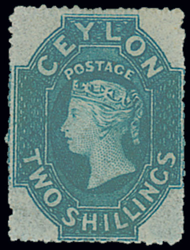 Ceylon 1861-64 Watermark Star Rough Perforations 2/- dull blue, unused without gum. S.G. 37, £750.