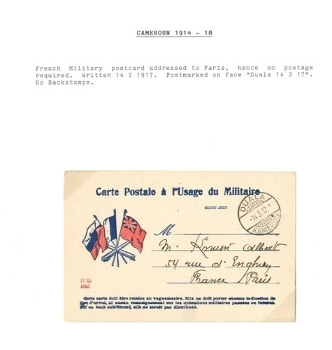 Cameroons French Campaign 1914 - 1918 Military Mail 1917 (14 Mar.) unstamped "carte Postale à l`