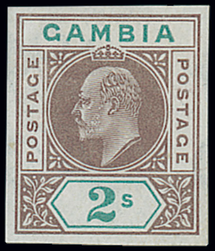 Gambia 1902-05 Issue Imperforate Colour Trials on CA Watermarked Paper 2/- in dull purple and blue-