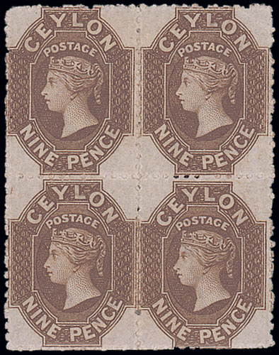 x Ceylon 1867-70 Watermark Crown CC 9d. bistre-brown block of four with watermark reversed, large