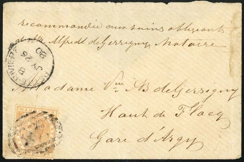 Mauritius Covers and Cancellations 1880 (26 July) envelope (small faults) to Argy, bearing 1879-80