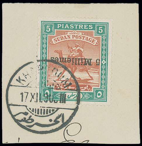 x Sudan 1903 "5 Milliemes" Provisional 5m. on 5p. brown and green, variety surcharge inverted,