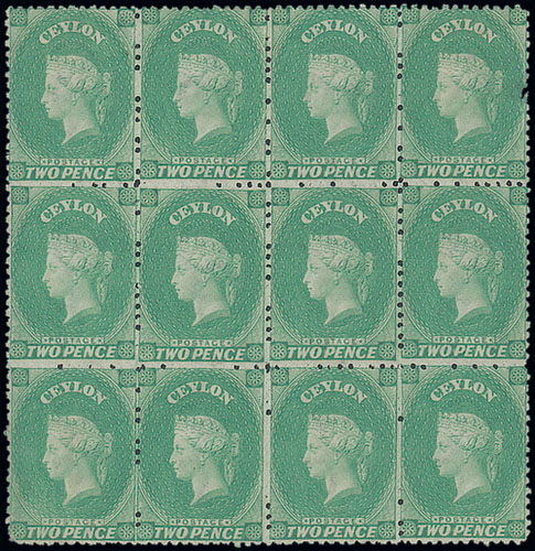 Ceylon 1863-65 Watermark Crown CC 2d. emerald block of twelve (4x3) with watermark reversed, large