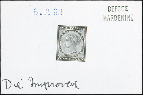 Natal 1882-89 Issue Die Proofs 1d. in black on glazed card (92x60mm.), marked "before hardening", "