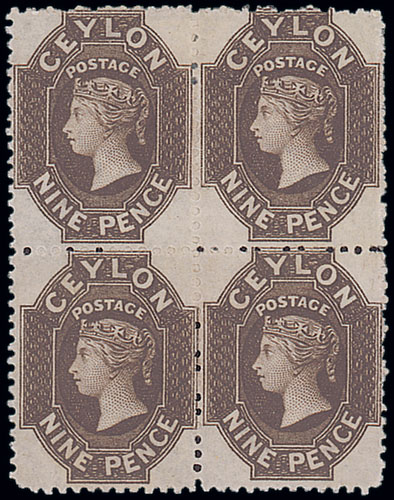 Ceylon 1867-70 Watermark Crown CC 9d. blackish brown block of four, large part original gum, fresh
