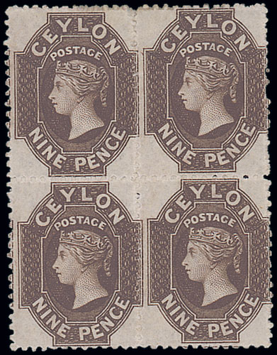 Ceylon 1867-70 Watermark Crown CC 9d. blackish brown block of four, large part original gum, fresh