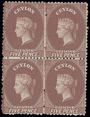Ceylon 1863-65 Watermark Crown CC 5d. red-brown block of four, large part original gum, fresh and