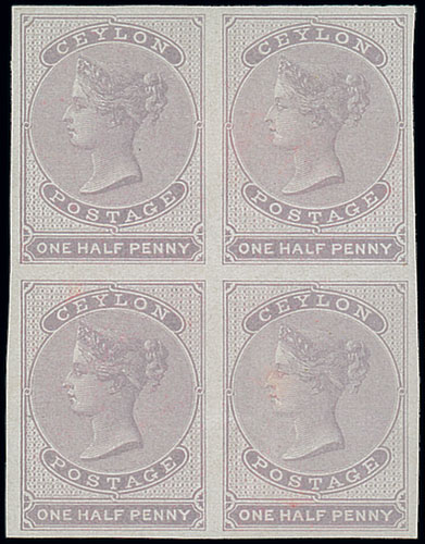 Ceylon 1857-64 No Watermark, Imperforate ½d. dull mauve on blued paper block of four, large margins;