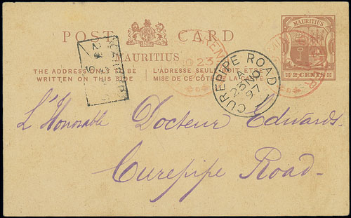 Mauritius Covers and Cancellations 1897 (23 Nov.) 2c. card from Chemin Grenier to Curepipe Road,