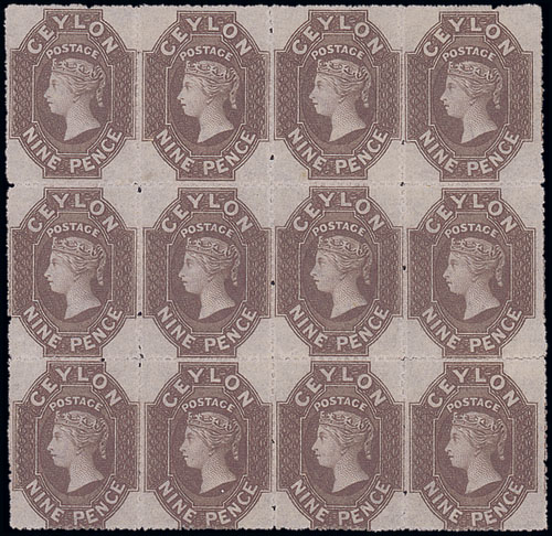 Ceylon 1861-64 Watermark Star Rough Perforations 9d. deep brown block of twelve (4x3), large part