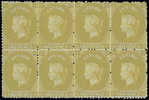 Ceylon 1867-70 Watermark Crown CC 2d. olive-bistre block of eight (4x2) with watermark inverted,