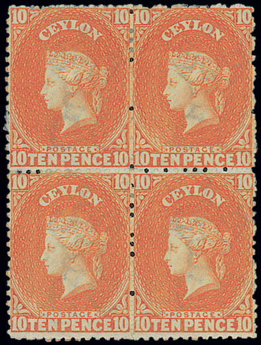 Ceylon 1867-70 Watermark Crown CC 10d. orange block of four, large part original gum, fresh and