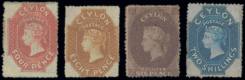 Ceylon 1861-64 Watermark Star Rough Perforations An unused selection with 4d. (2), 6d. (2), 8d., 9d.