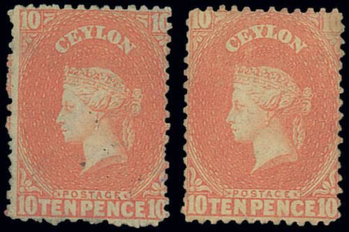 Ceylon 1861-64 Watermark Star Perforated 13 by De La Rue 10d dull vermilion (2), unused with some