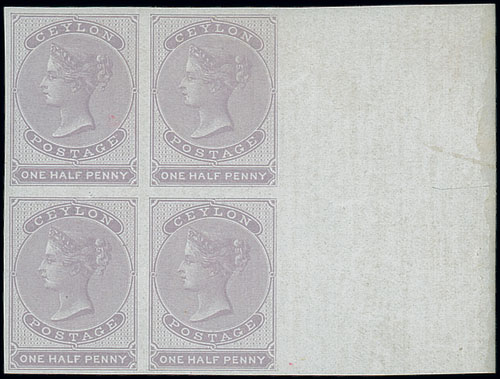 Ceylon 1857-64 No Watermark, Imperforate ½d. dull mauve on blued paper, a marginal block of four