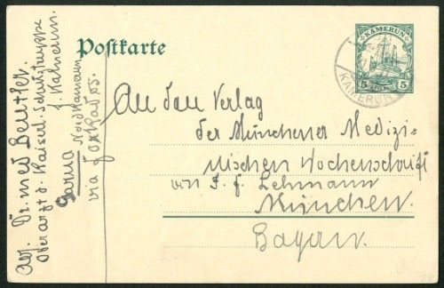 Cameroons German Occupation 1911 (21 Aug.) 5pf. stationery card to Munich sent by the Senior Medical