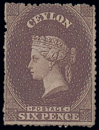 Ceylon 1861-64 Watermark Star Intermediate Perforations 6d. brown, unused without gum, fine. Rare.