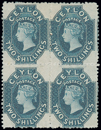 Ceylon 1867-70 Watermark Crown CC 2/- steel-blue block of four, good colour, large part original