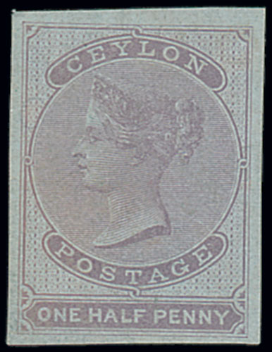 Ceylon 1857-64 No Watermark, Imperforate ½d. reddish lilac on blued paper, good to large margins all