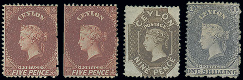 Ceylon 1862 No Watermark 5d. (2), 6d. (5), 9d. and 1/-, unused with part to large part original gum;