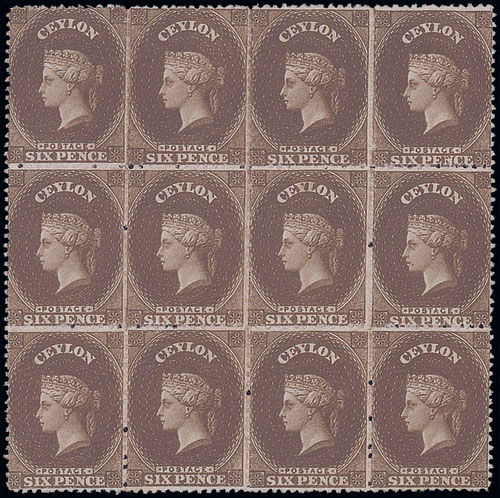 Ceylon 1862 No Watermark 6d. deep brown block of twelve (4x3), large part original gum, fresh and