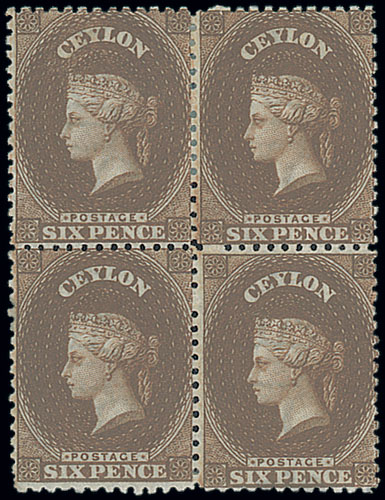 Ceylon 1867-70 Watermark Crown CC 6d. red-brown block of four, large part original gum;