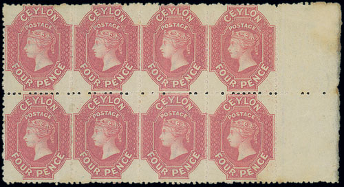 Ceylon 1867-70 Watermark Crown CC 4d. rose-carmine marginal block of eight (4x2) from the right of