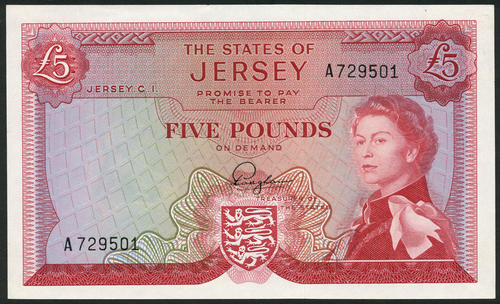 1 States of Jersey, £5, ND (1963 issue), serial number A729501, red on multicolour, also 10/- and £