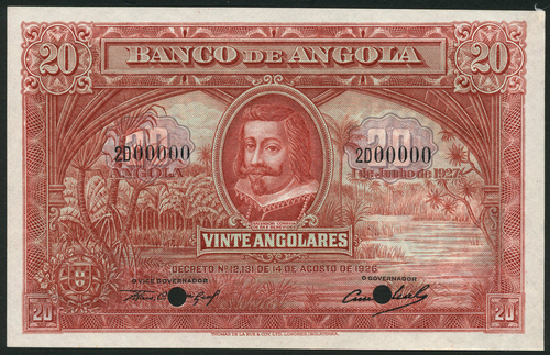 1 Republica Portuguesa, Angola, colour trial 20 angolares, 1 June 1927, black serial number 2D