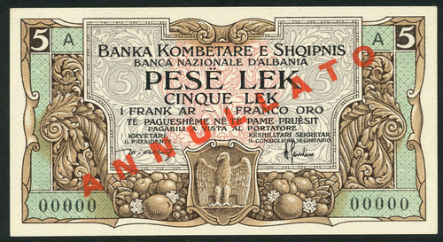 1 National Bank of Albania, specimen 5 lek, ND (1925), zero serial numbers, brown on green, grey and