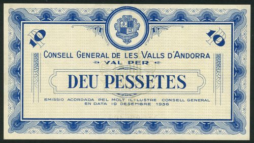 1 Consell General de les Valls d`Andorra, 10 pessetes, first issue, 19 December 1936, serial