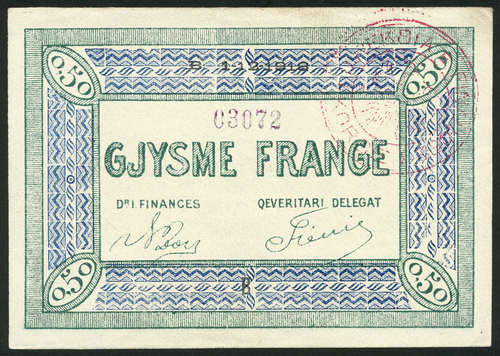 1 Albanian Republic, Korce Region, 1/2 franc, 1 December 1918, serial number 03072, blue and