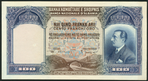 1 † National Bank of Albania, uniface obverse colour trial 100 franka ari, ND (1926), dark blue