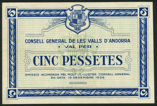 1 Consell General de les Valls d`Andorra, 5 pessetes, first issue, 19 December 1936, serial number