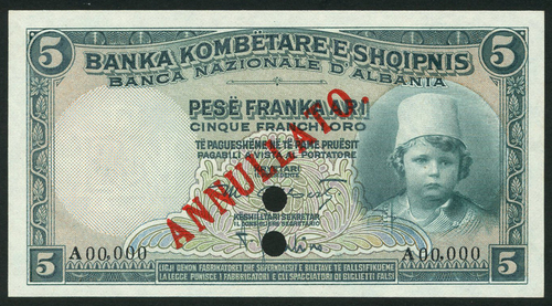 1 National Bank of Albania, specimen 5 franka ari, ND (1926), serial number A00,000, green on pale