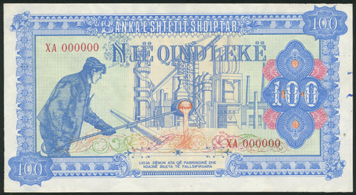 1 Peoples Republic of Albania, specimen 100 lek (2), 1976 issue, zero serial numbers, one blue,
