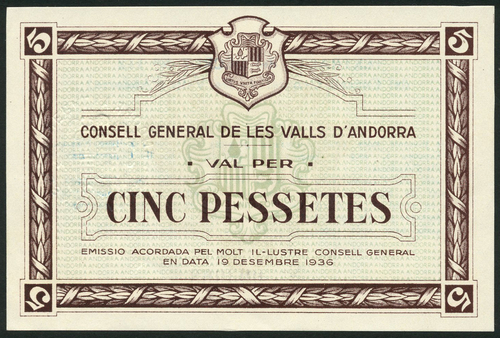 1 Consell General de les Valls d`Andorra, 5 pessetes, second issue, 19 December 1936, serial