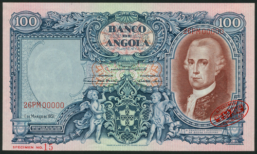 1 Banco de Angola, specimen 20 Angolares, ND (1951), serial number 51ZD 0000, purple and black,