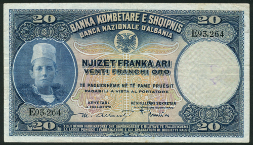 1 National Bank of Albania, specimen 20 franka ari, ND (1926), zero serial numbers, also issued 20