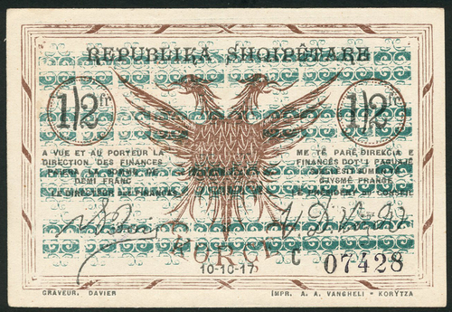1 Albania regional issues - Korce, Series C, 1/2 franc, 10 October 1917, serial number 07428,