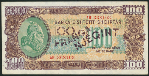 1 Peoples Republic of Albania, 5 franga, green, blue and tan, 20 franga, blue, brown and tan, 100