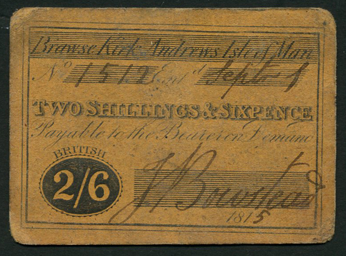 1 Isle of Man, Brawse Kirk Andrews, 2/6, 1 September 1815, serial number 1512, black text on ochre
