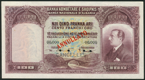 1 National Bank of Albania, specimen 100 franka ari, ND (1926), zero serial numbers, deep lilac on