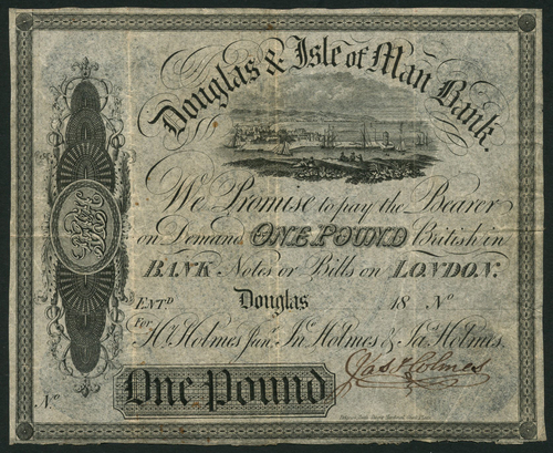1 Douglas and Isle of Man Bank, part issued £1, Douglas, 18-, black and white, view of Douglas