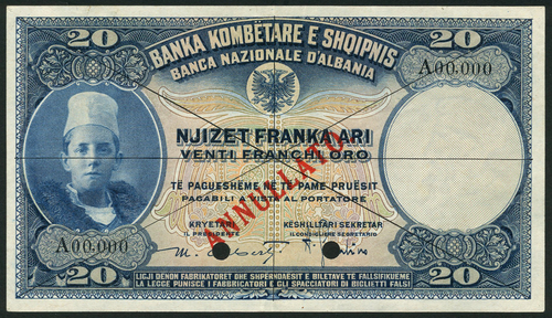 1 National Bank of Albania, specimen 20 franka ari, ND (1926), zero serial numbers, dark blue on